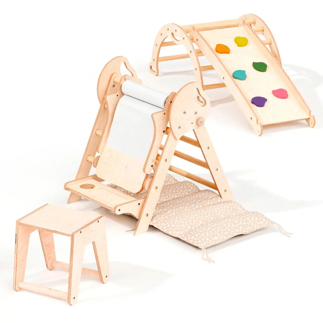 4in1 Montessori Climbing Set: Pikler Triangle, Arch, Slide Board, and Cushion for Toddlers