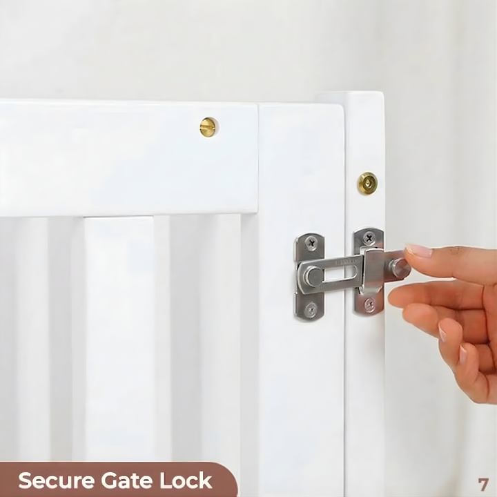 Hand using a secure gate lock on a white gate with 'Secure Gate Lock' text at the bottom.