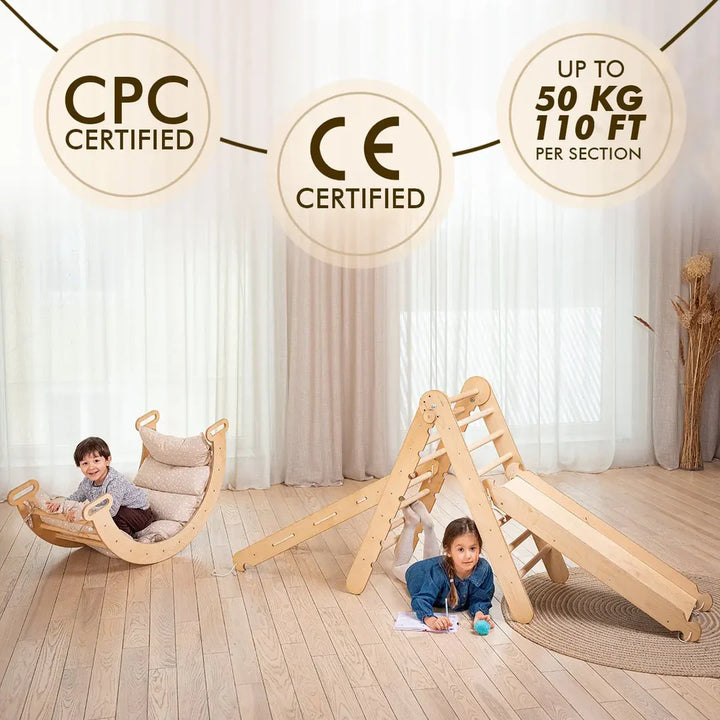 5 In 1 Montessori Climbing Set: Triangle Ladder + Arch/Rocker + Slide Board/Ramp + Net + Cushion – Beige