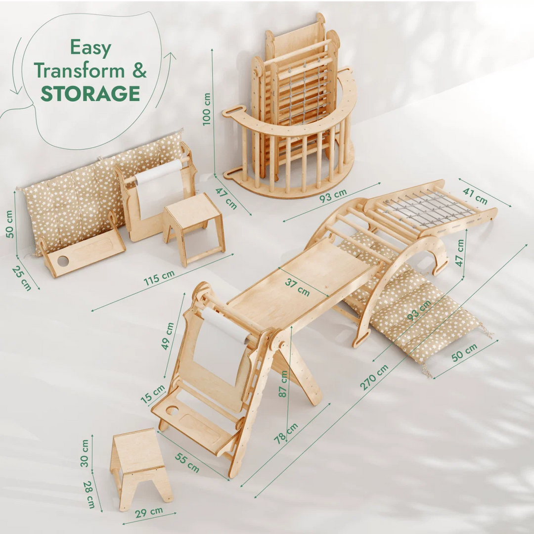 6 in 1 Pikler Triangle Climbing Set with Slide, Arch Rocker, Net and Art Table