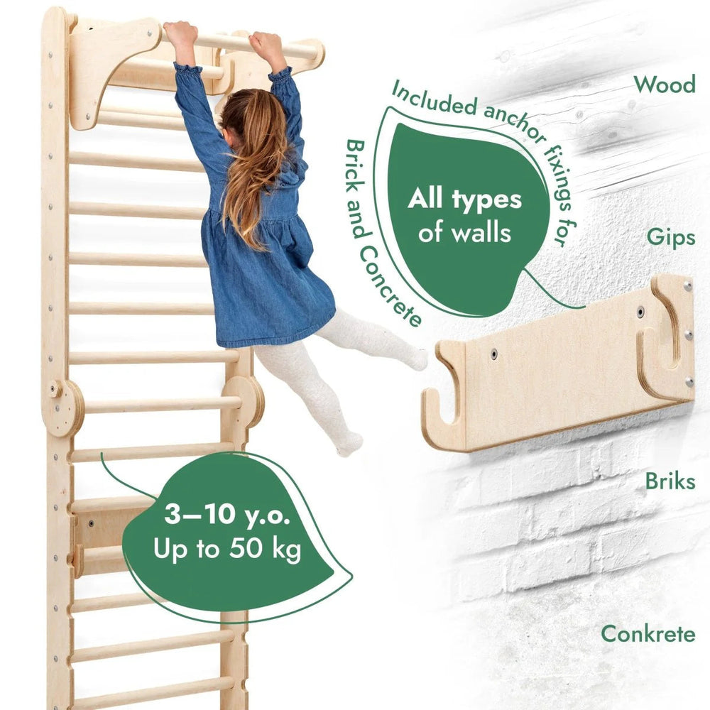 Child climbing a wooden ladder with text on wall types and weight capacity.