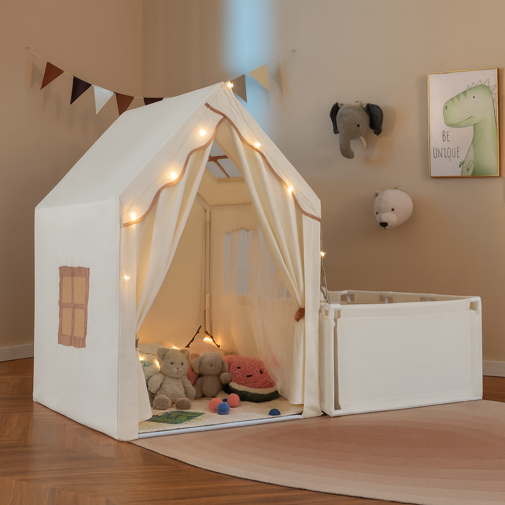 Children's playhouse with string lights in a room with toys and decorations.