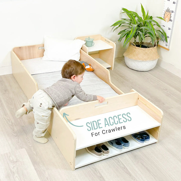 Montessori Floor Bed With Rails & Shelf (Junior) Made In Canada