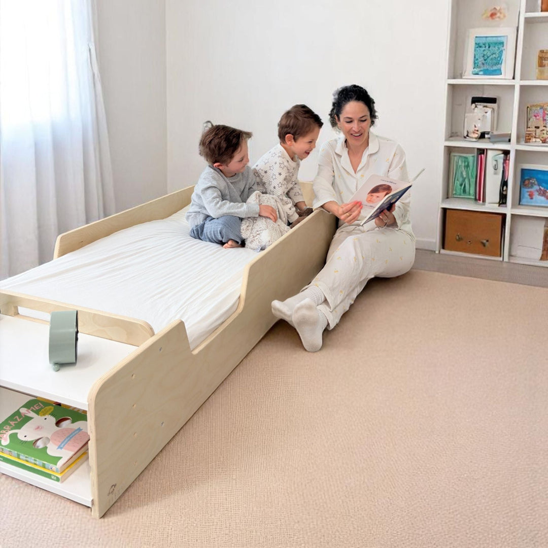 Montessori Floor Bed With Rails & Shelf (Junior) Made In Canada