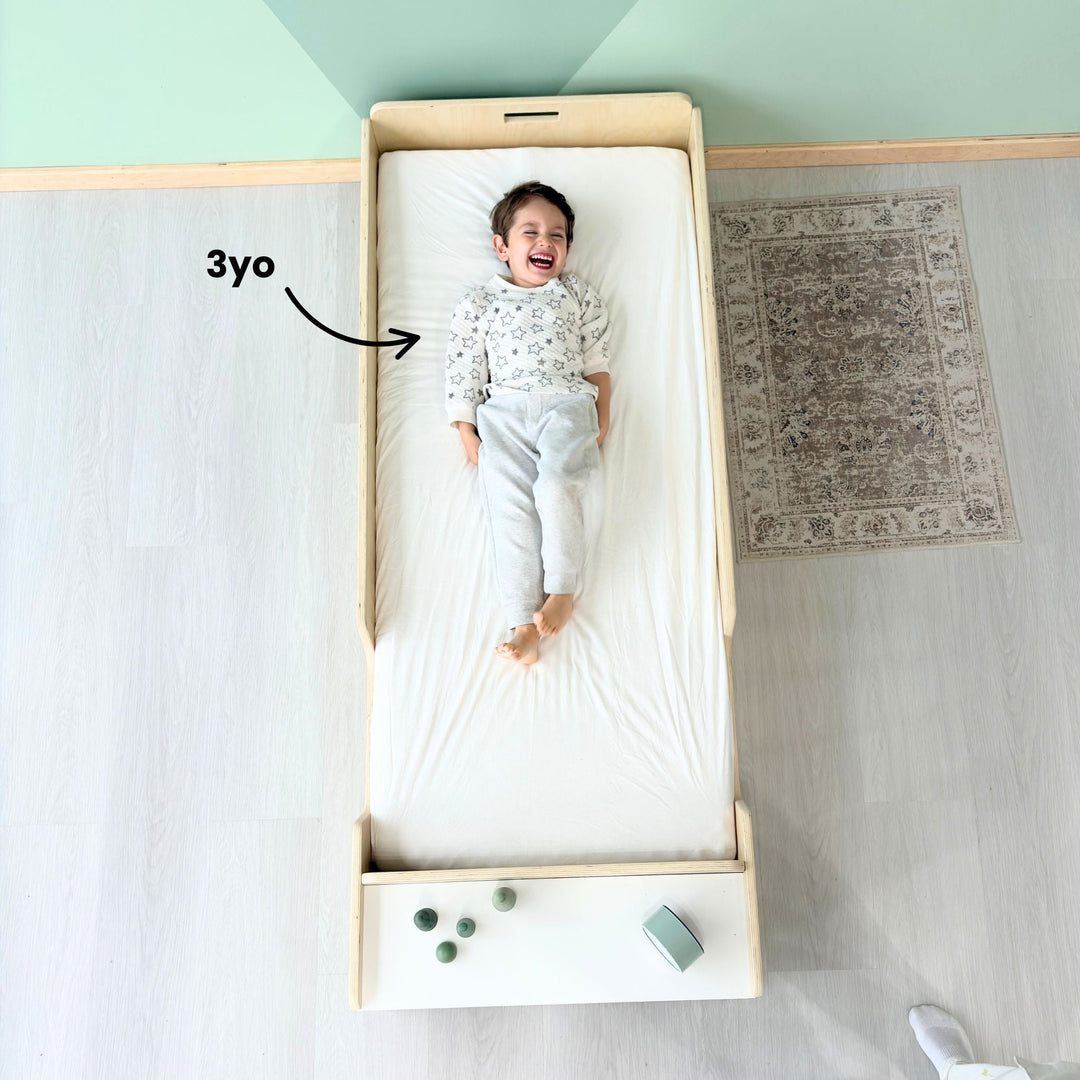 Montessori Floor Bed With Rails & Shelf (Junior) Made In Canada