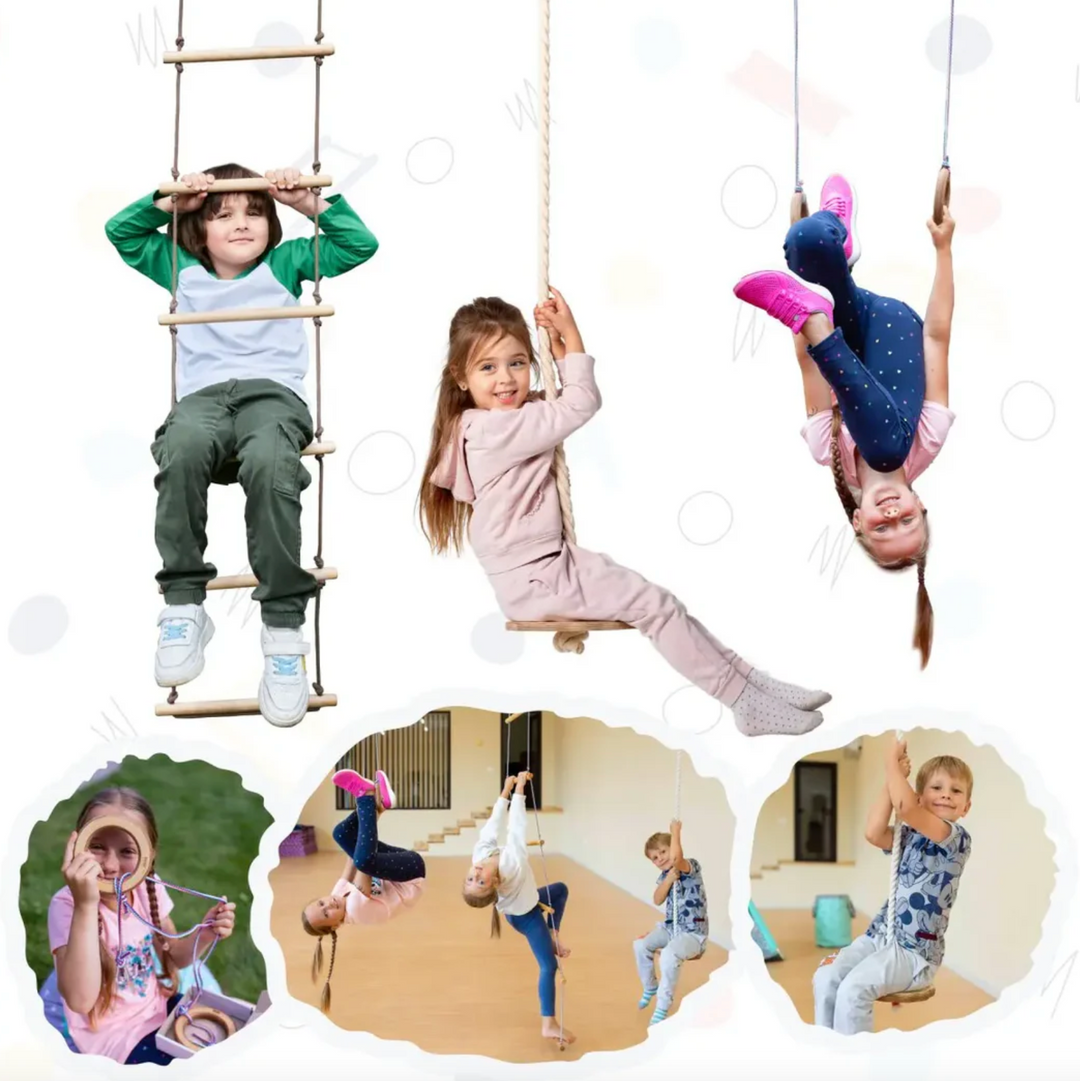 5 in 1 Climbing Set: Adjustable Pikler Triangle + Swedish Ladder Wall Attachments + Reversible Ramp + Swing Set + Desk/Easel Attachment