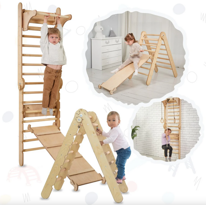 5 in 1 Climbing Set: Adjustable Pikler Triangle + Swedish Ladder Wall Attachments + Reversible Ramp + Swing Set + Desk/Easel Attachment