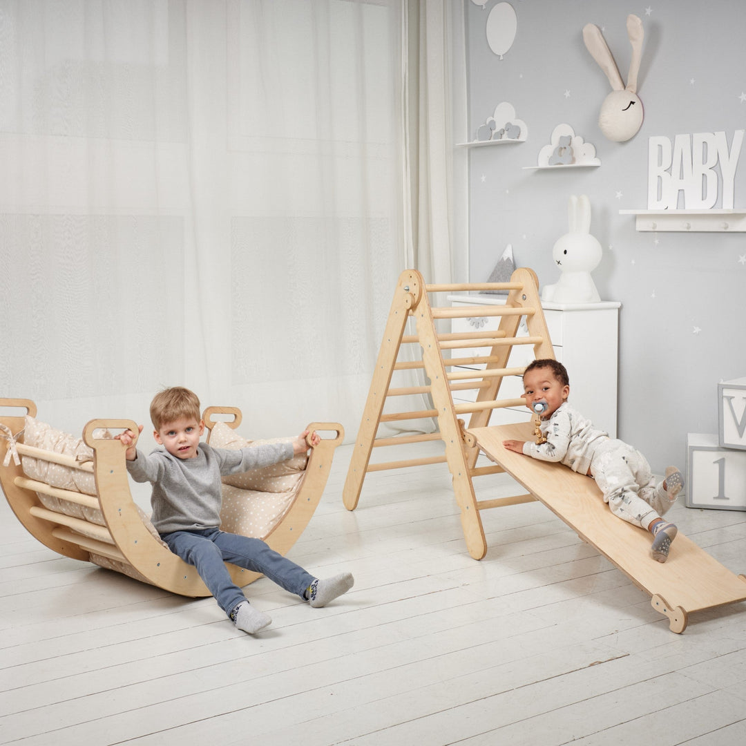 3 In 1 Montessori Climbing Set: Triangle Ladder + Wooden Arch + Slide Board – Beige