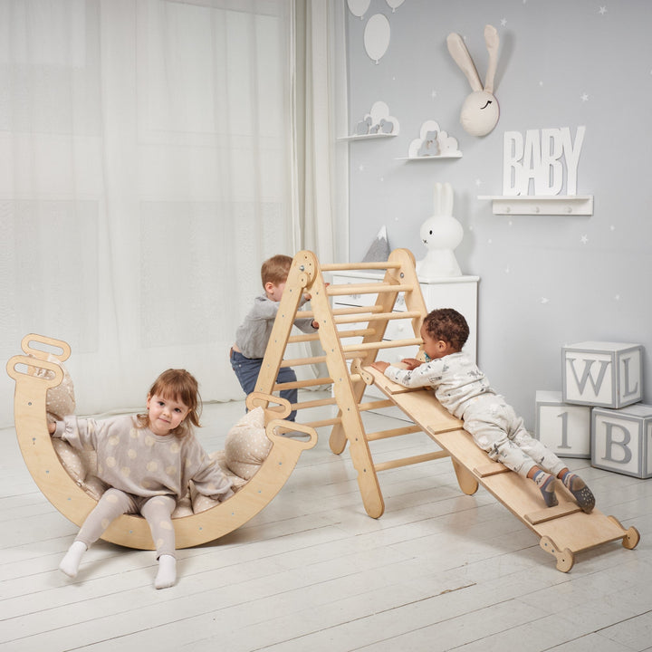 3 In 1 Montessori Climbing Set: Triangle Ladder + Wooden Arch + Slide Board – Beige