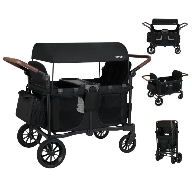 Black double stroller with canopy and multiple views on a white background