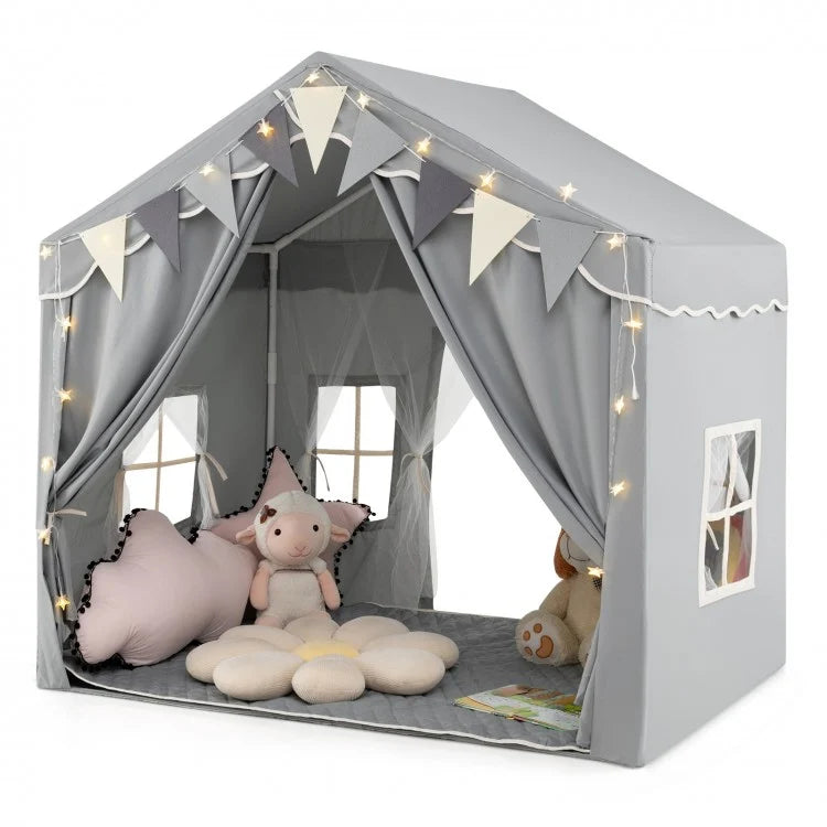House Kids Play Tent (With Mat, String Lights and Pennant Garland)