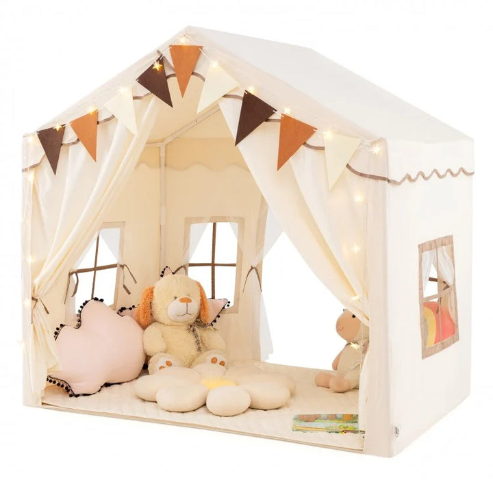 Children's playhouse with plush toys and decorative elements on a white background