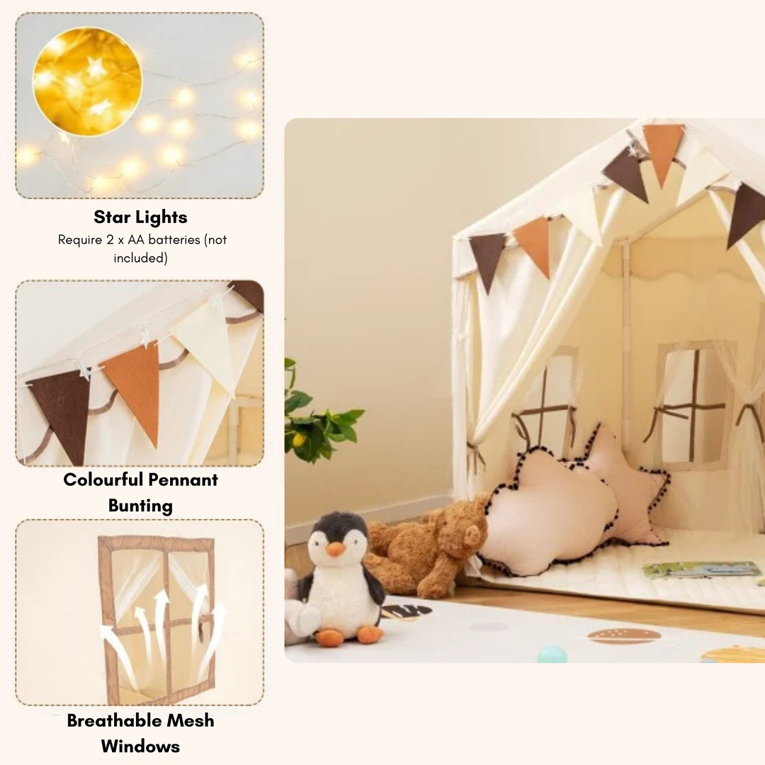 House Kids Play Tent (With Mat, String Lights and Pennant Garland)