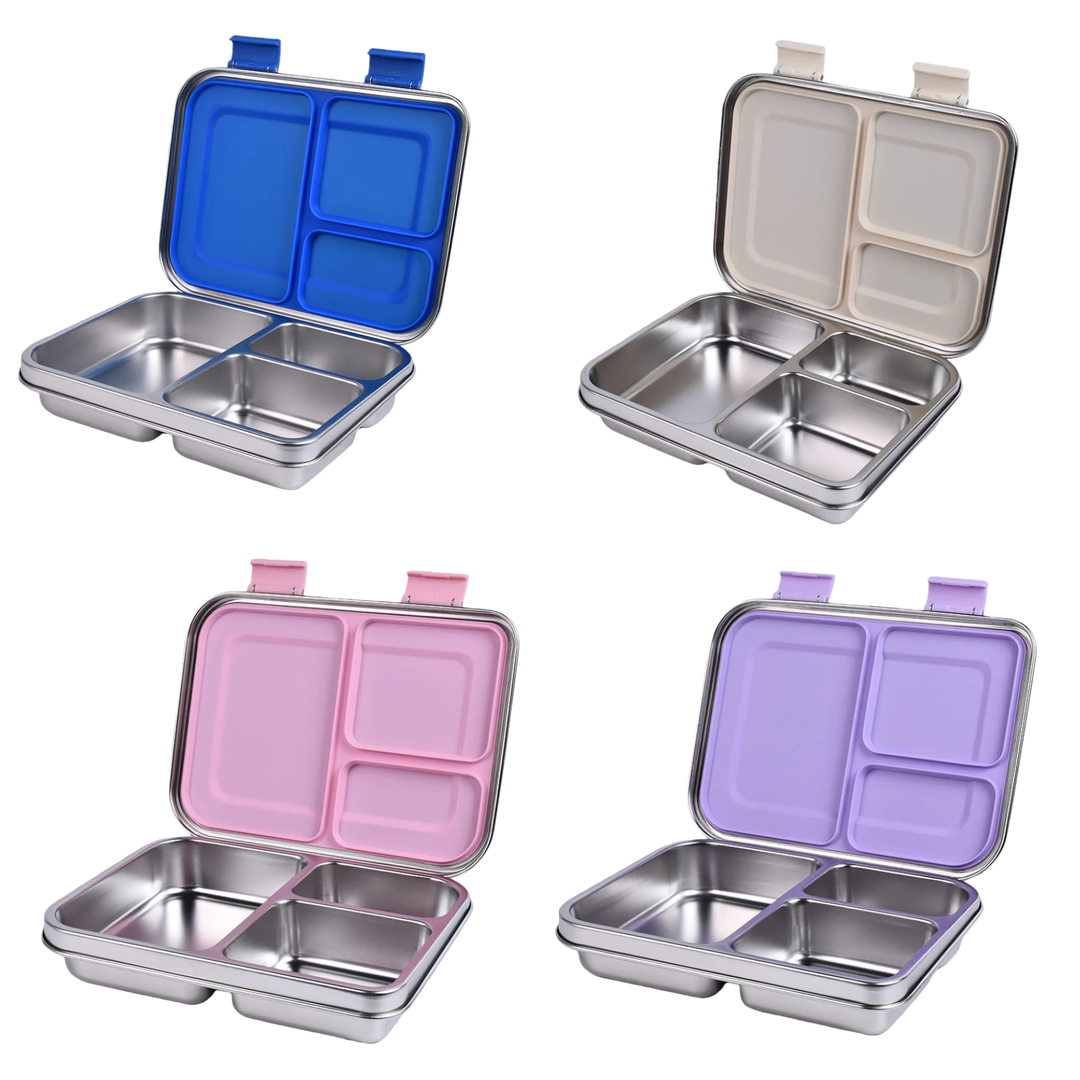 Set of four stainless steel bento boxes with color-coded compartments on a white background.