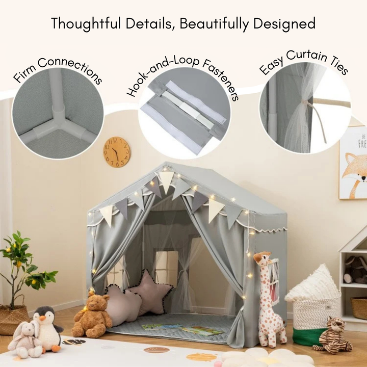 House Kids Play Tent (With Mat, String Lights and Pennant Garland)