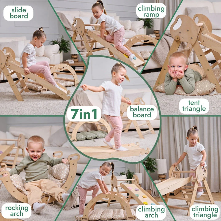 Collage of a wooden play set with various features labeled, including slide board, climbing ramp, balance board, tent triangle, rocking arch, climbing arch, and climbing triangle. Children are playing on the set.