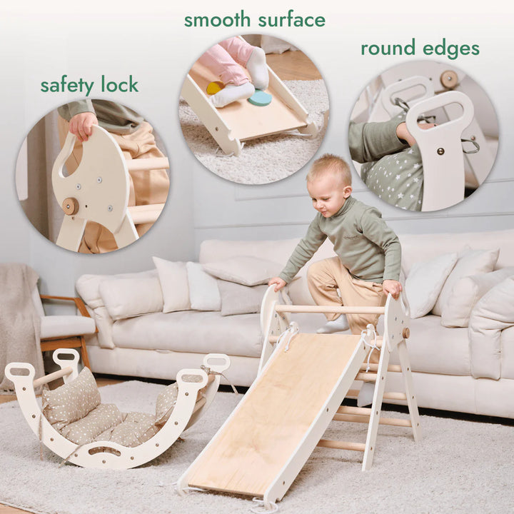 Child playing with a wooden climbing toy in a living room setting, with safety features highlighted.