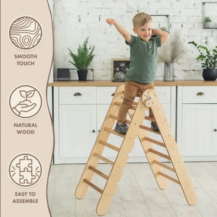 3 in 1 Climbing Set: Adjustable Pikler Triangle + Swedish Ladder Wall Attachments + Reversible Ramp + Swing Set