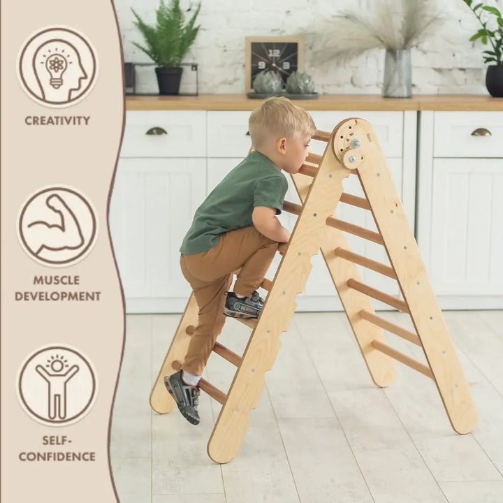 3 in 1 Climbing Set: Adjustable Pikler Triangle + Swedish Ladder Wall Attachments + Reversible Ramp + Swing Set