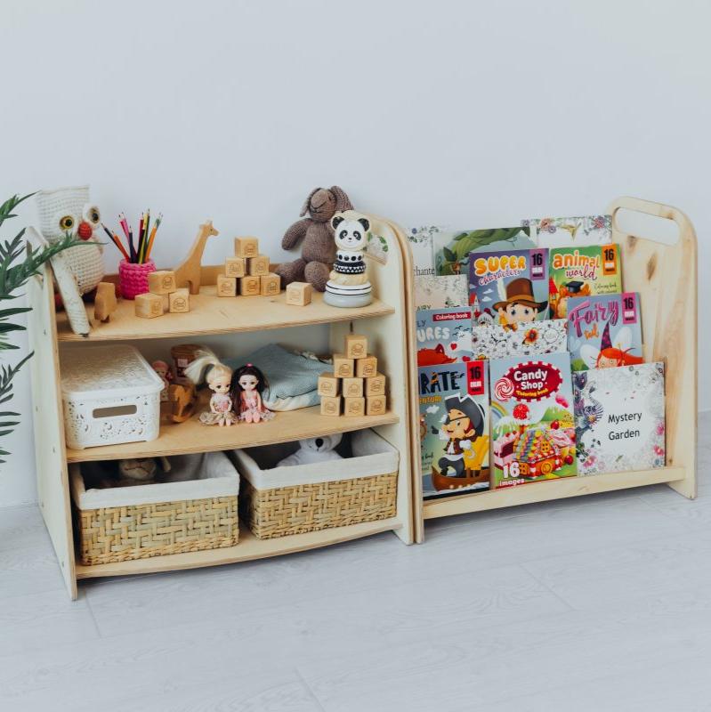 3 In 1 Montessori Shelves Set: Bookdisplay + Toy Shelf + Bricks Sorter