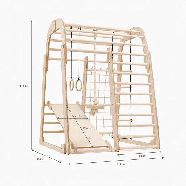 6 in 1 Indoor Wooden Playground with Swing, Slide, Rings and Climbing Wall
