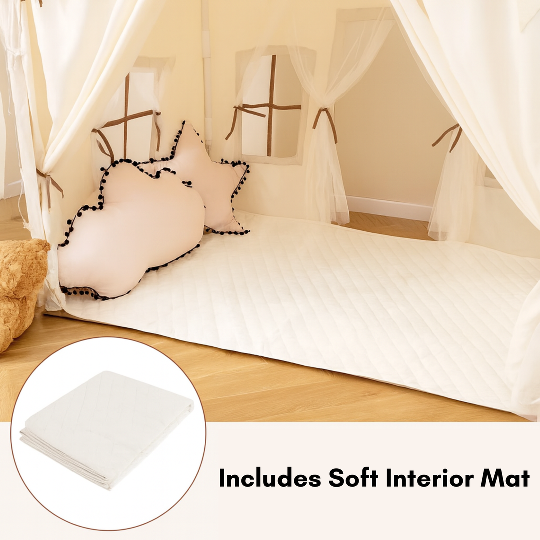 House Kids Play Tent (With Mat, String Lights and Pennant Garland)