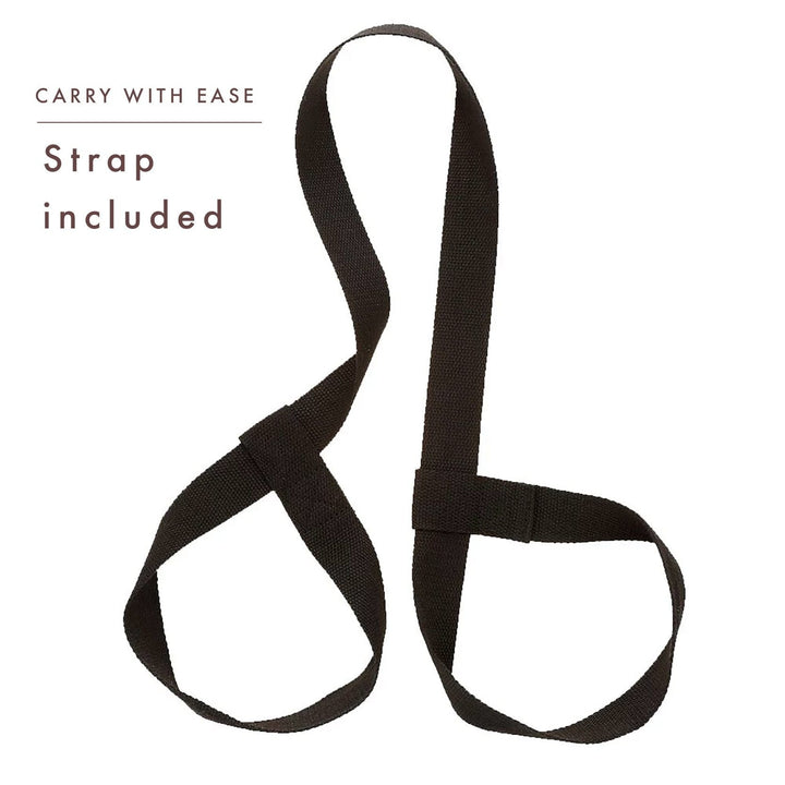 Black strap on a white background with text 'Carry with Ease' and 'Strap included'.