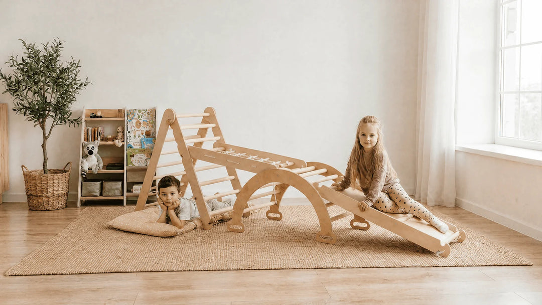 4 in 1 Pikler Triangle Set with Arch Rocker, Slide and Climbing Net