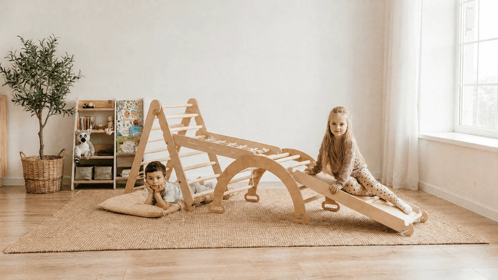 4 in 1 Pikler Triangle Set with Arch Rocker, Slide and Climbing Net
