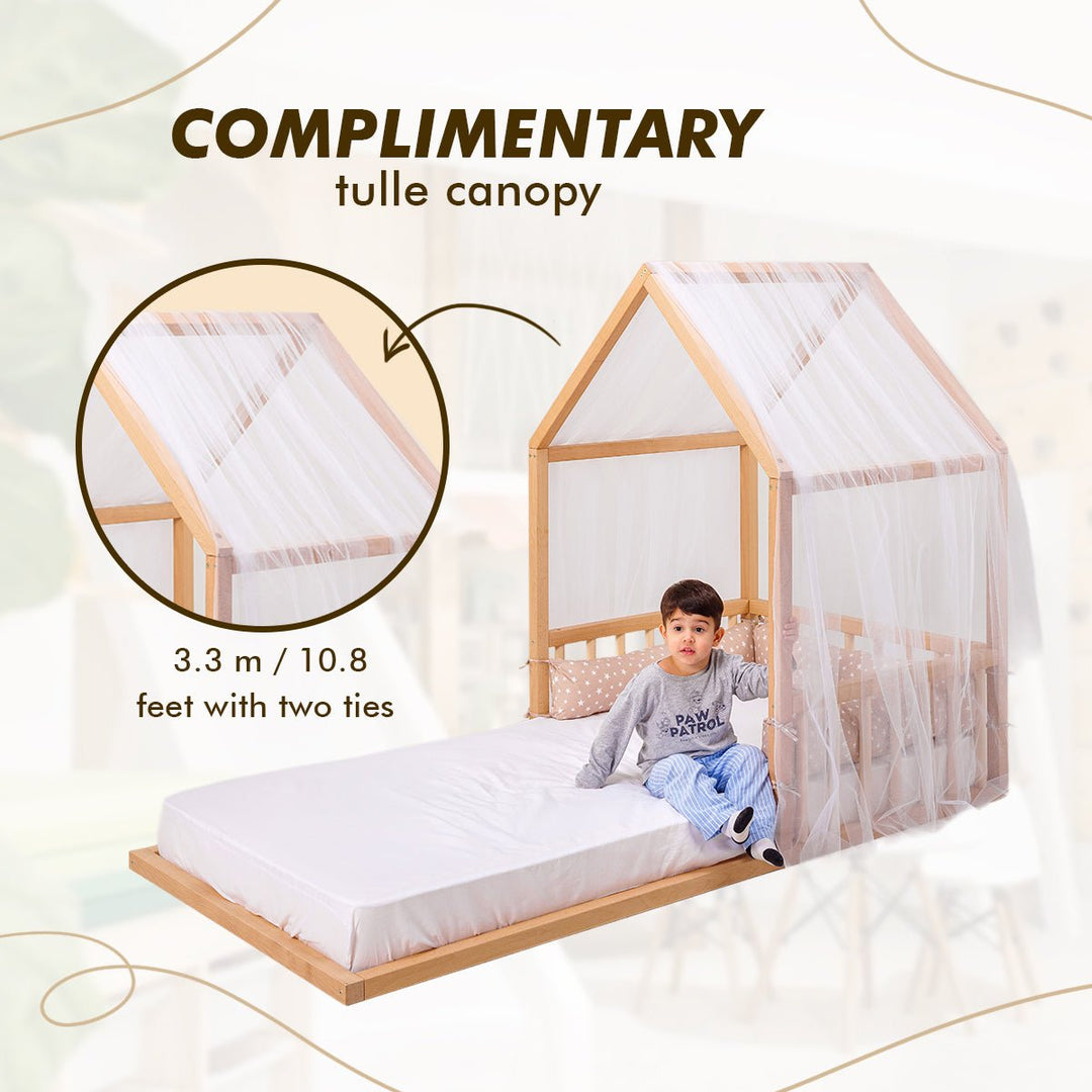 Montessori House Floor Bed With Fence and Roof  - Twin Size