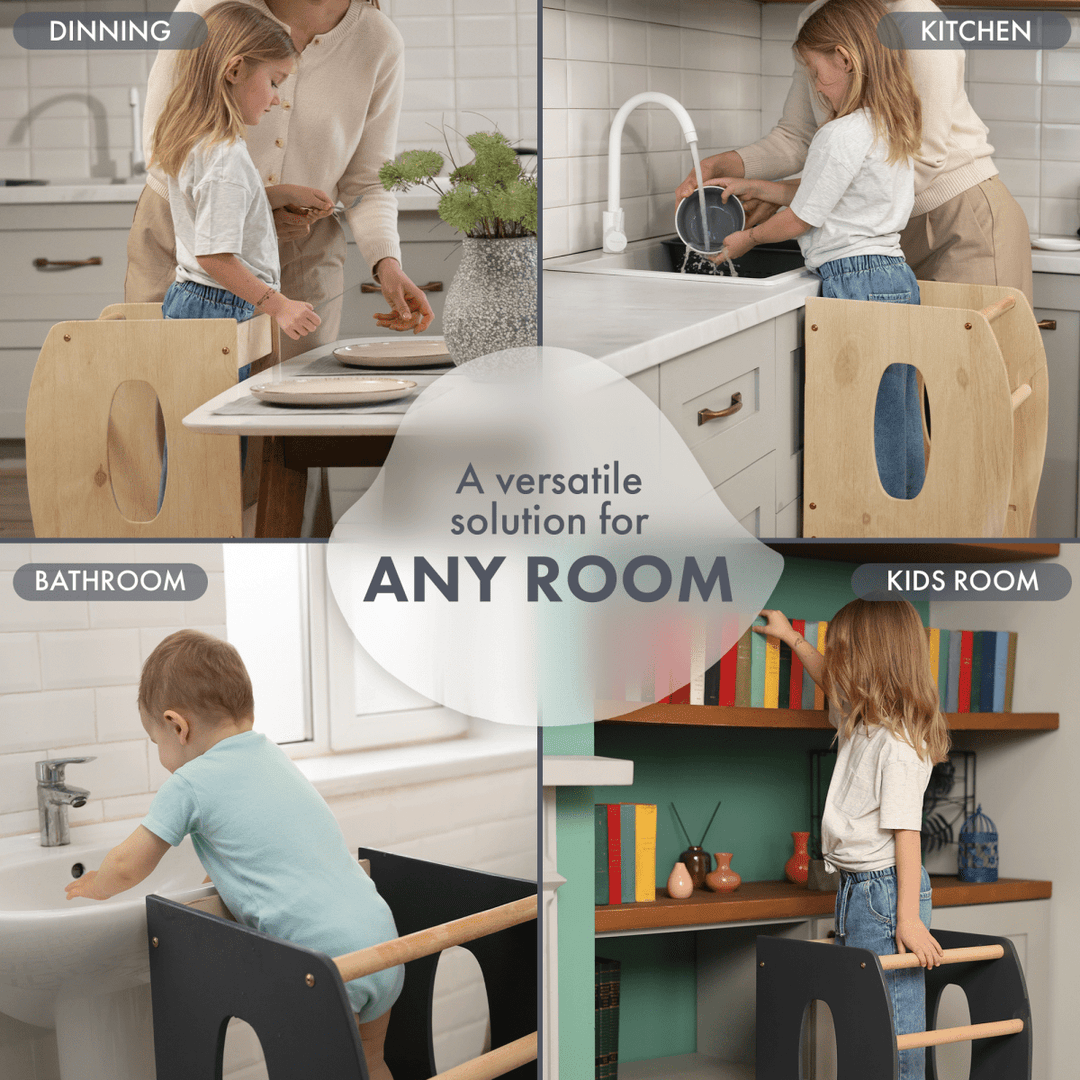 Children using a multi-functional chair in various rooms including dining, kitchen, bathroom, and kids' room.