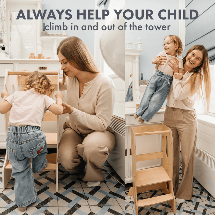 Woman helping a child climb on a wooden step stool with text advising to always help your child climb in and out of the tower.