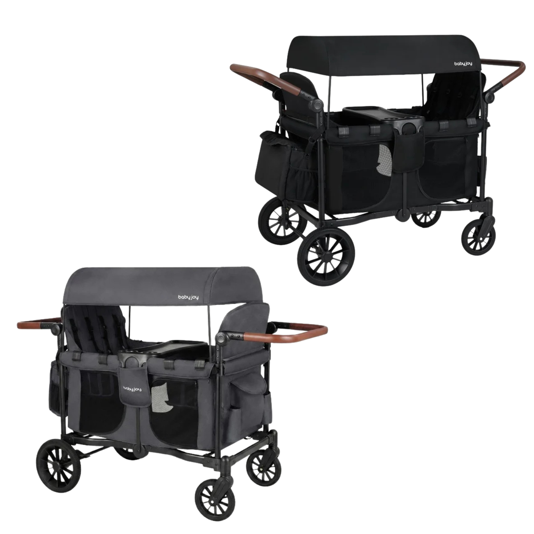Two strollers, one black and one gray, on a white background