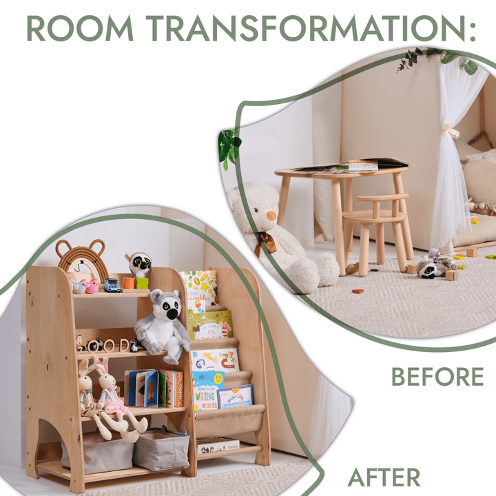 Before and after comparison of a room transformation with a wooden shelf and organized space.